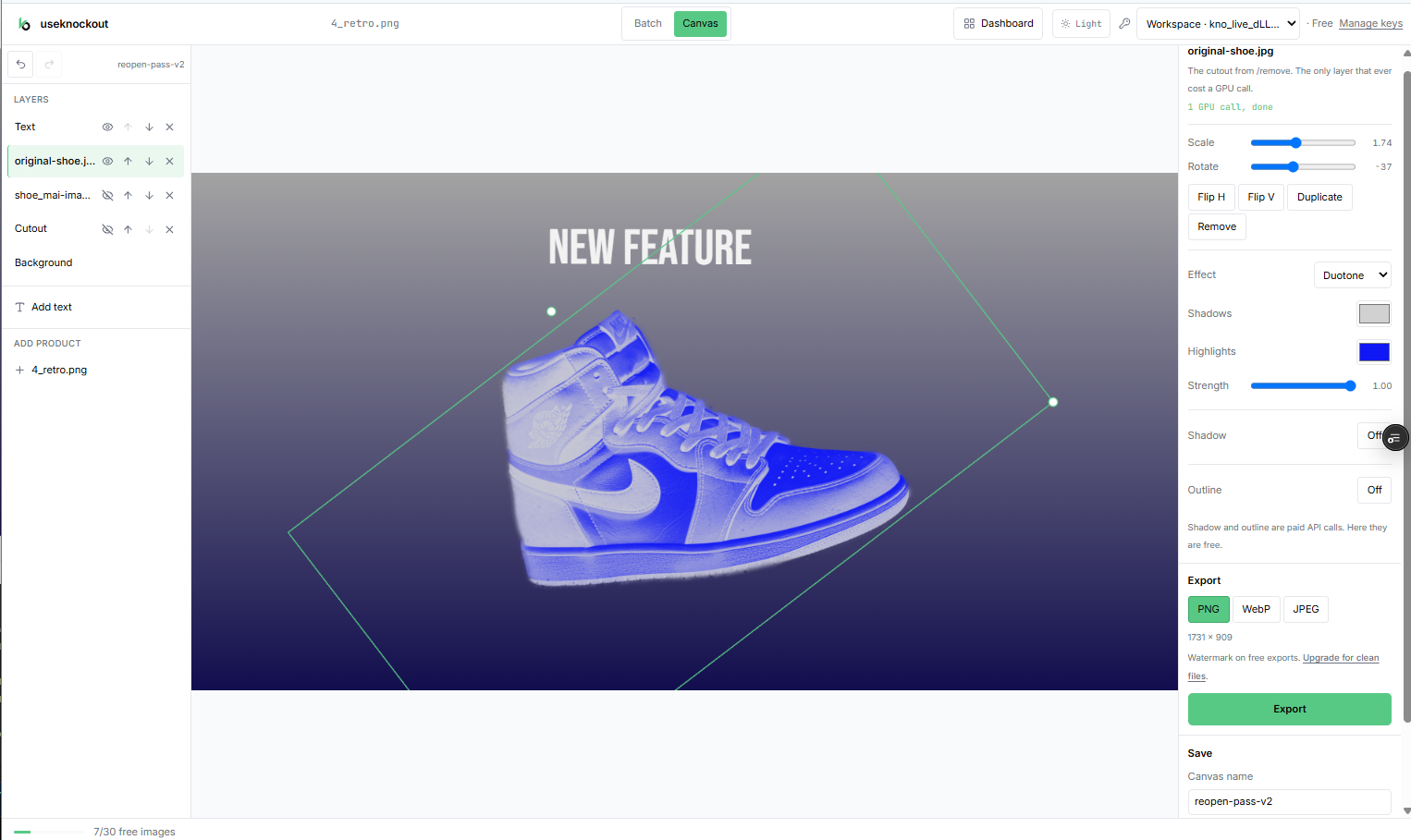 Canvas with a green selected product layer, rotation handles around a blue shoe, and another cutout available in the product list.