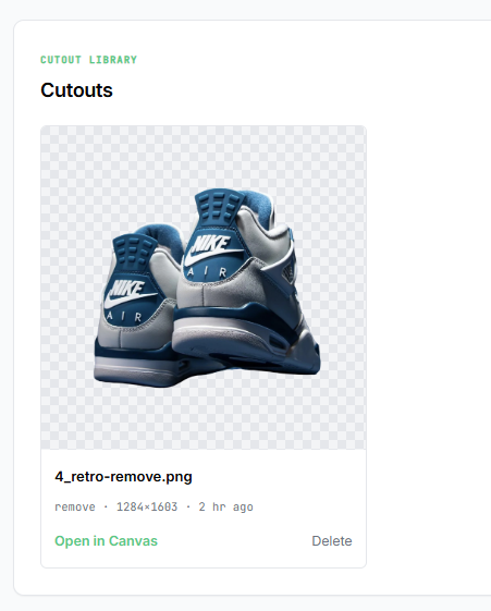 Saved blue shoe cutout shown against a single transparency checkerboard.