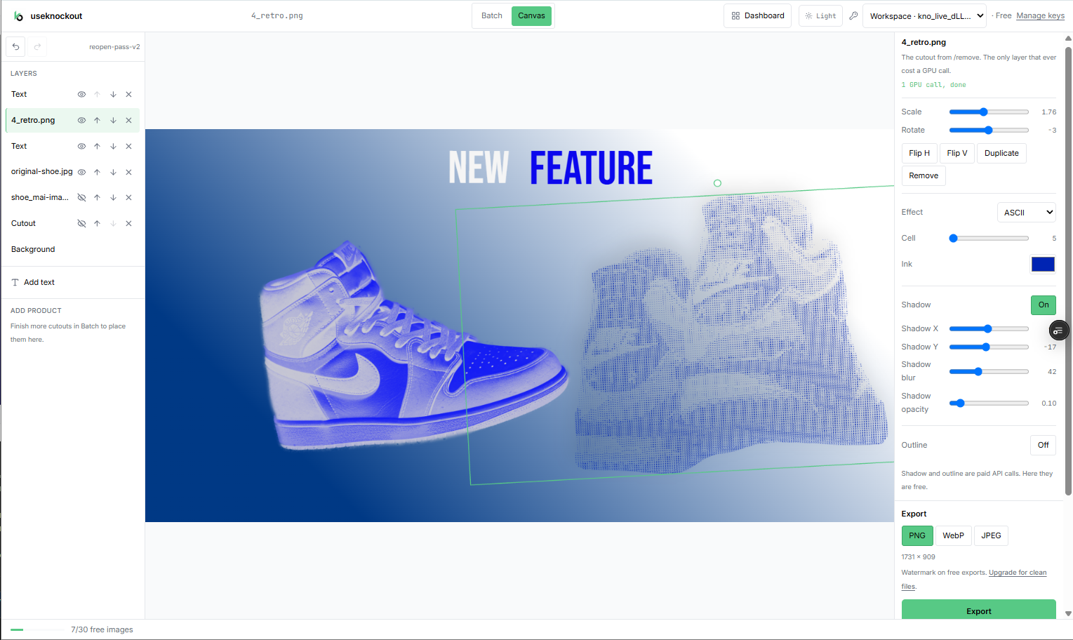 Two shoe layers in Canvas: a blue duotone shoe beside an ASCII shoe. The ASCII layer is highlighted green and its settings are visible.