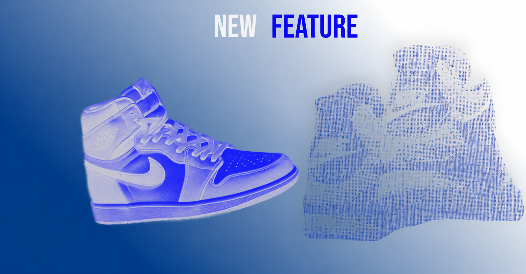 A layered NEW FEATURE design with a blue duotone sneaker alongside a second shoe layer with an ASCII effect.