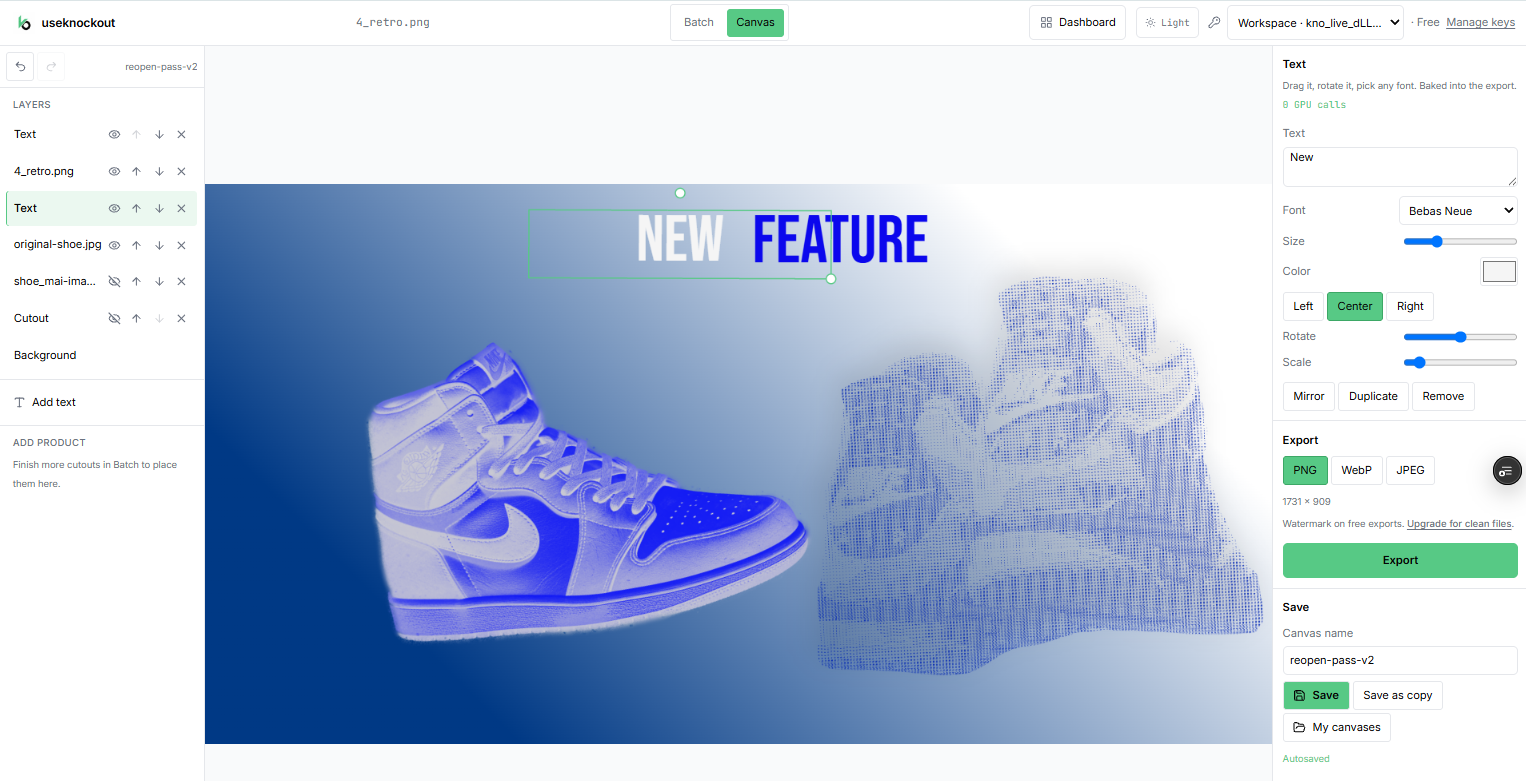 Canvas with the text layer selected in green. Font, size, color, alignment, rotation, and scale controls appear beside the two-shoe design.